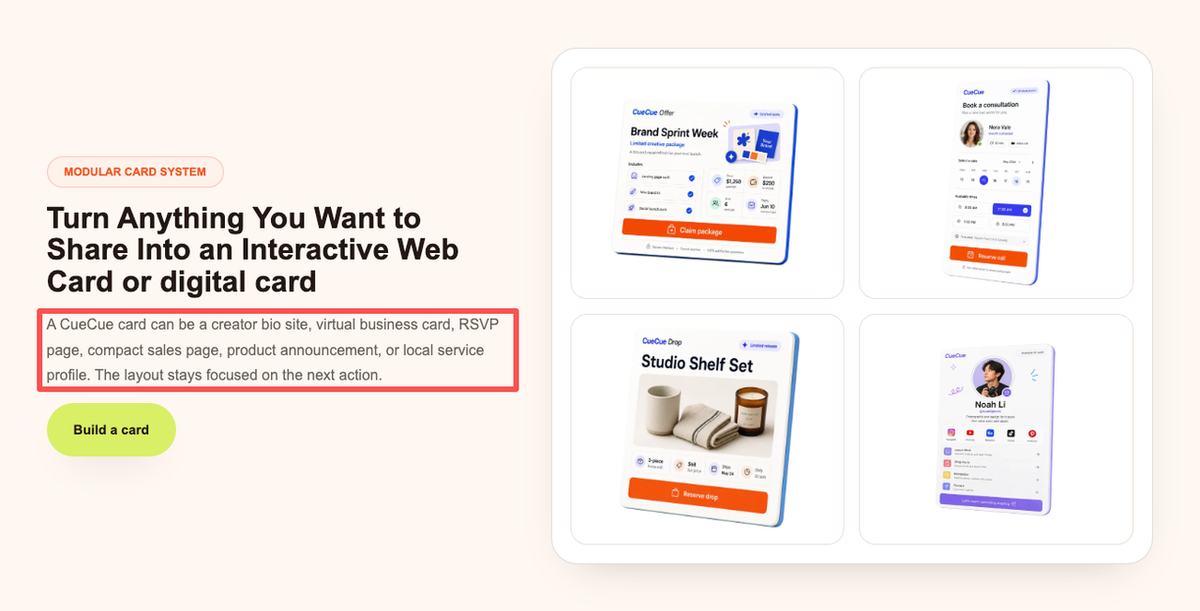 CueCue interactive web card interface, showcasing alternative storefront styles in Stan Store vs Shopify guides.