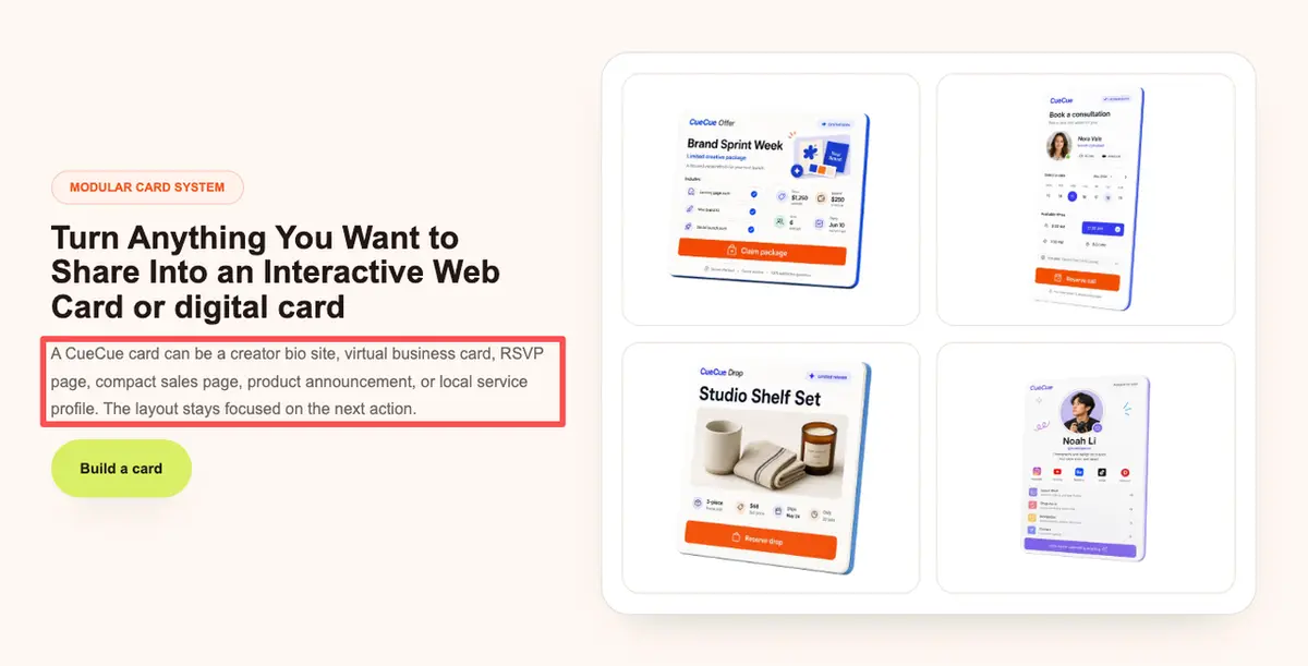 CueCue interactive web card interface, showcasing alternative storefront styles in Stan Store vs Shopify guides.