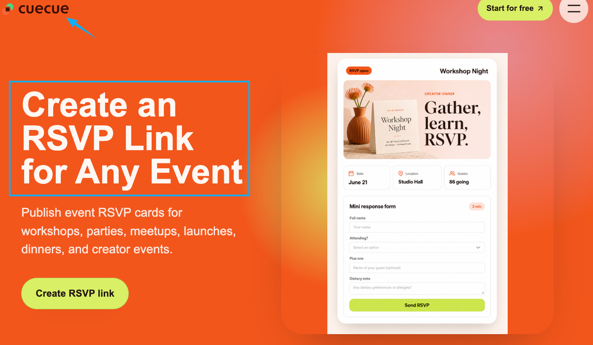 Discover CueCue as a modern alternative to a basic google form rsvp template for creating stylish event invitation links.