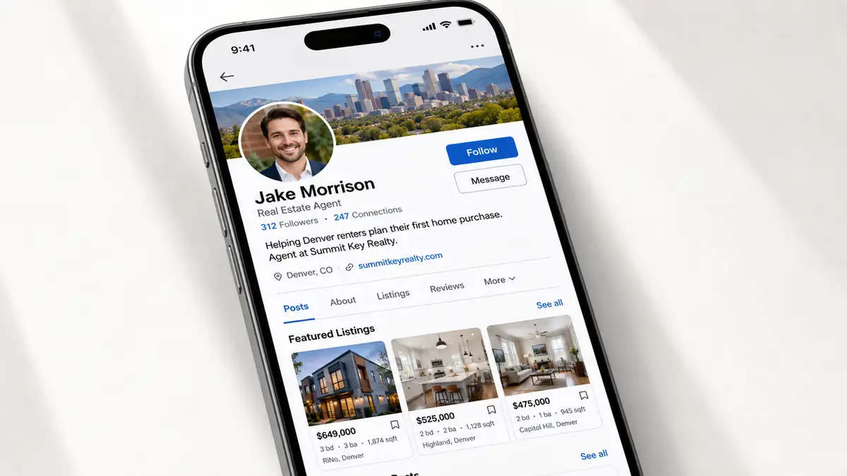 A mobile website showing short new real estate agent bio samples alongside property listings.