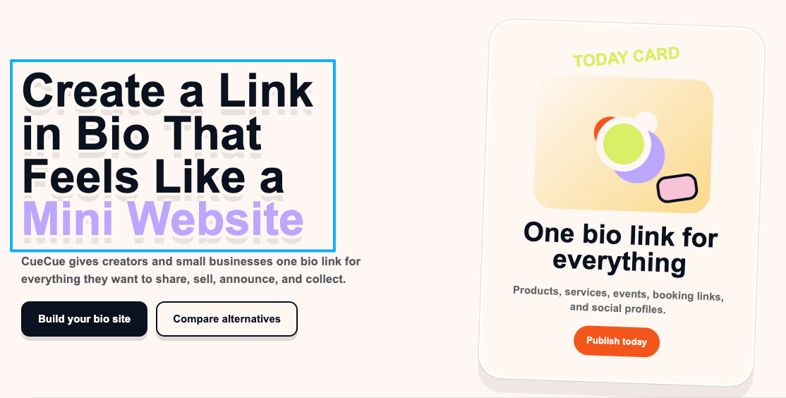 CueCue landing page showcasing a link in bio tool that acts like a mini website compared to patreon alternatives.