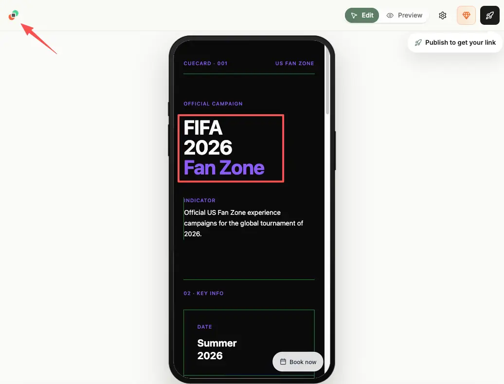 A dark mode mobile preview of a FIFA 2026 campaign page design, highlighting the official US Fan Zone experience layout.