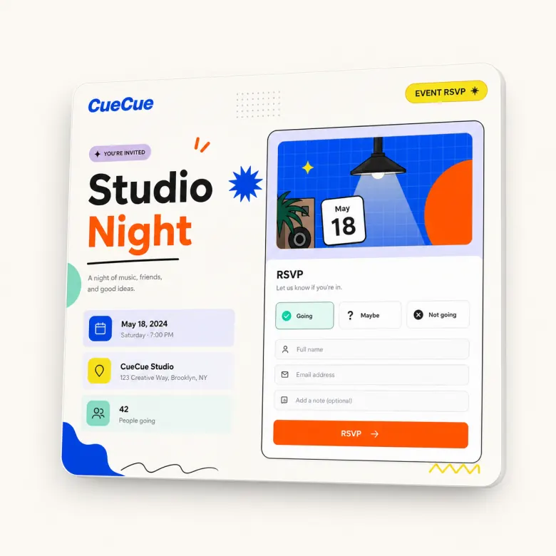 An interactive event RSVP card for 'Studio Night' featuring details and a response form. A unique engagement feature of advanced linktree alternatives.