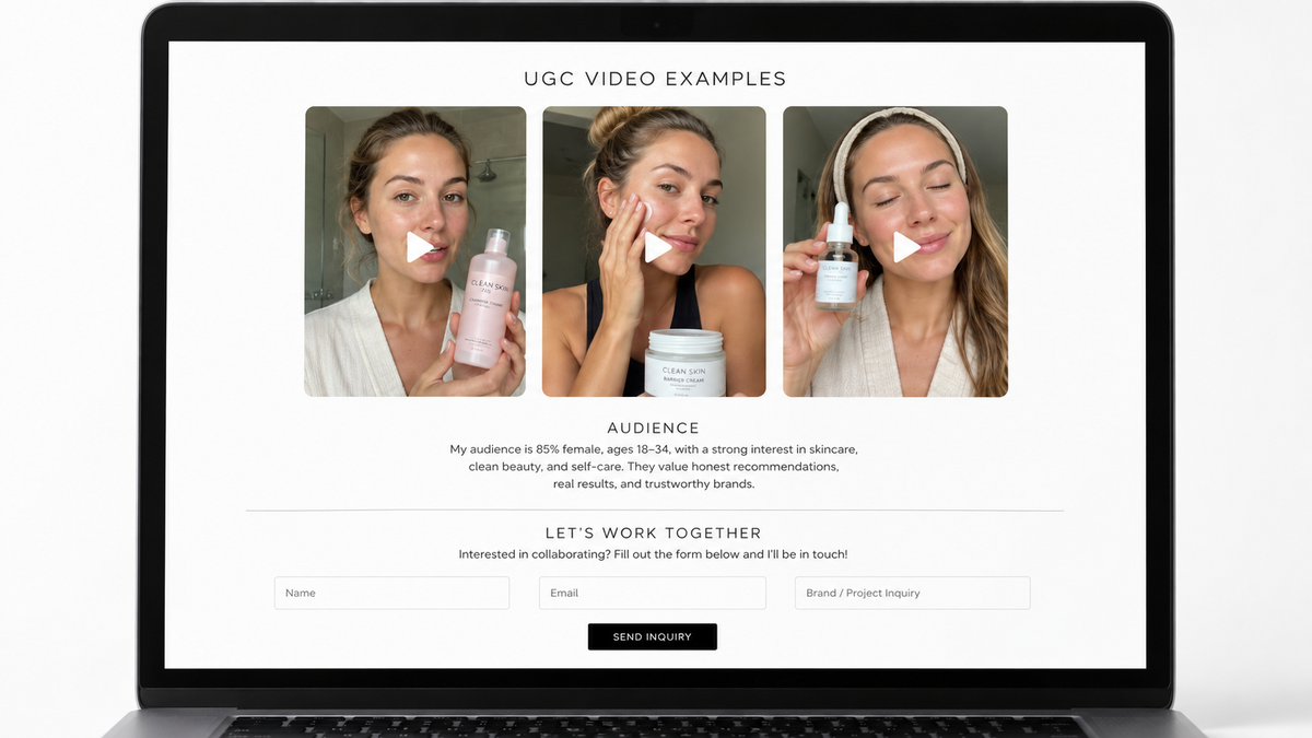 Showcase UGC video examples and audience stats to attract more brand deals for content creators on a clean website.