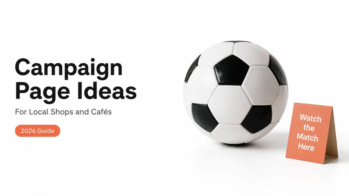 Explore creative FIFA 2026 campaign page ideas for local shops and cafes, featuring a soccer ball and match watch sign.