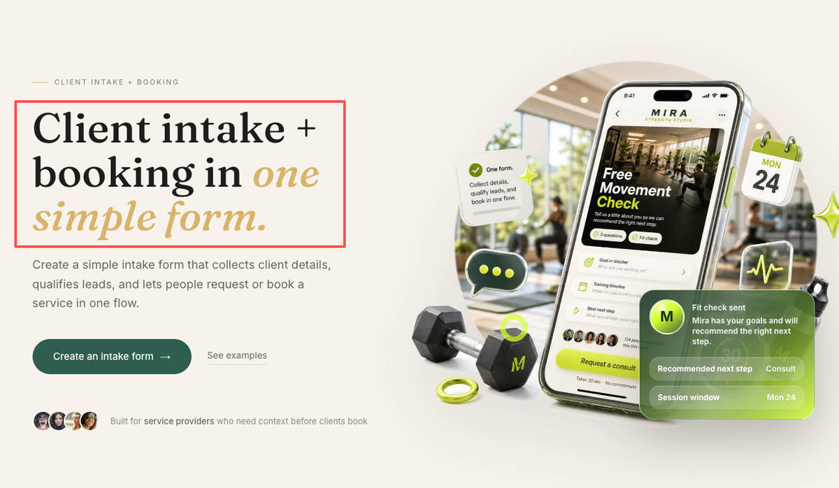 Mobile interface showing client intake and booking forms, a key feature to evaluate among HoneyBook alternatives.
