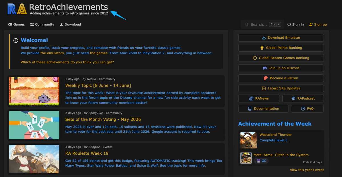 The RetroAchievements homepage, a site to track retro game trophies and sync stats to your gamer profile page.