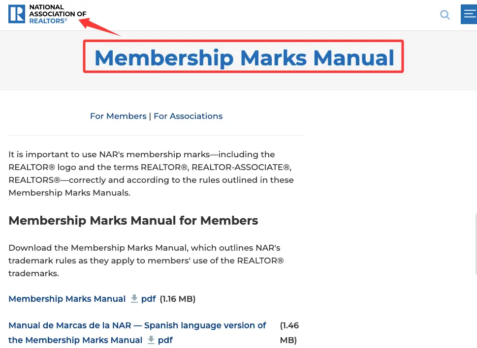 NAR website showing trademark guidelines to follow when printing realtor business card quotes safely.