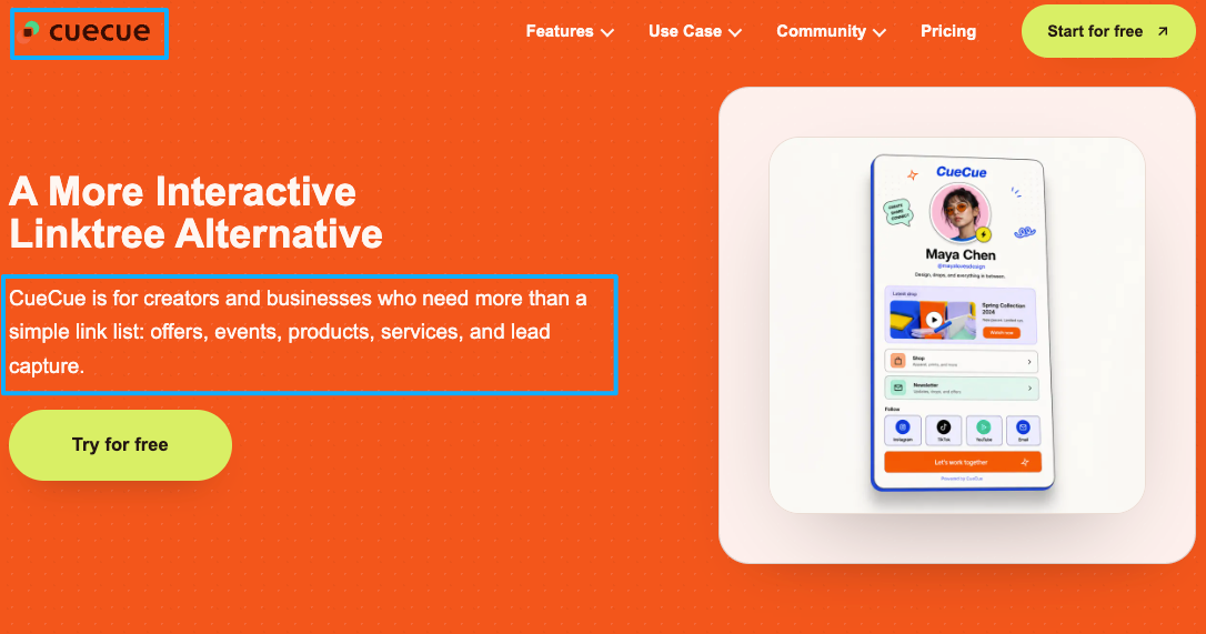 A screenshot of the CueCue homepage, directly pitching itself as "A More Interactive Linktree Alternative" with product and event features.