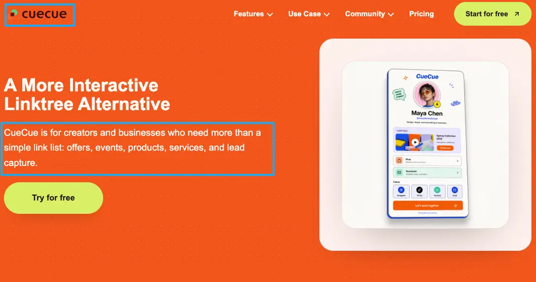 A screenshot of the CueCue homepage, directly pitching itself as "A More Interactive Linktree Alternative" with product and event features.