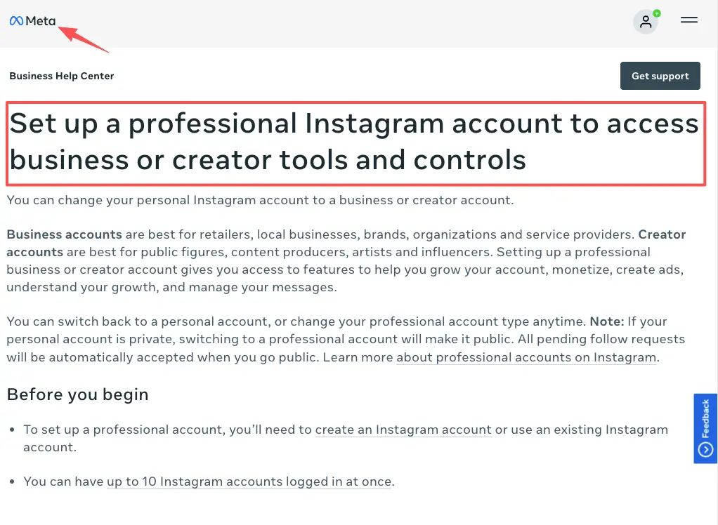 Meta Business Help Center instructions on setting up a professional Instagram account. Key requirement for unlocking full features and optimizing your Instagram bio for photographer growth.