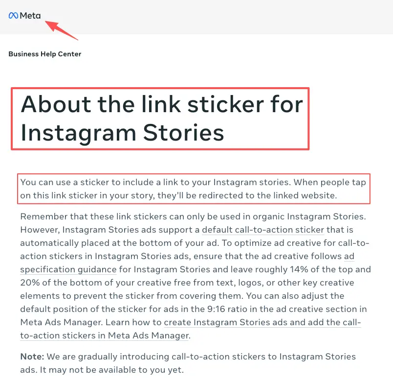 Meta help center guide explaining how to use an Instagram Stories link sticker to promote your online event rsvp form.