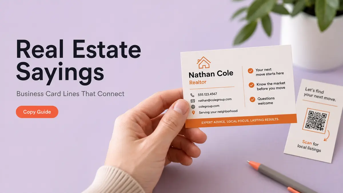 Hand holding a realtor card featuring impactful real estate sayings for business cards to connect with clients.