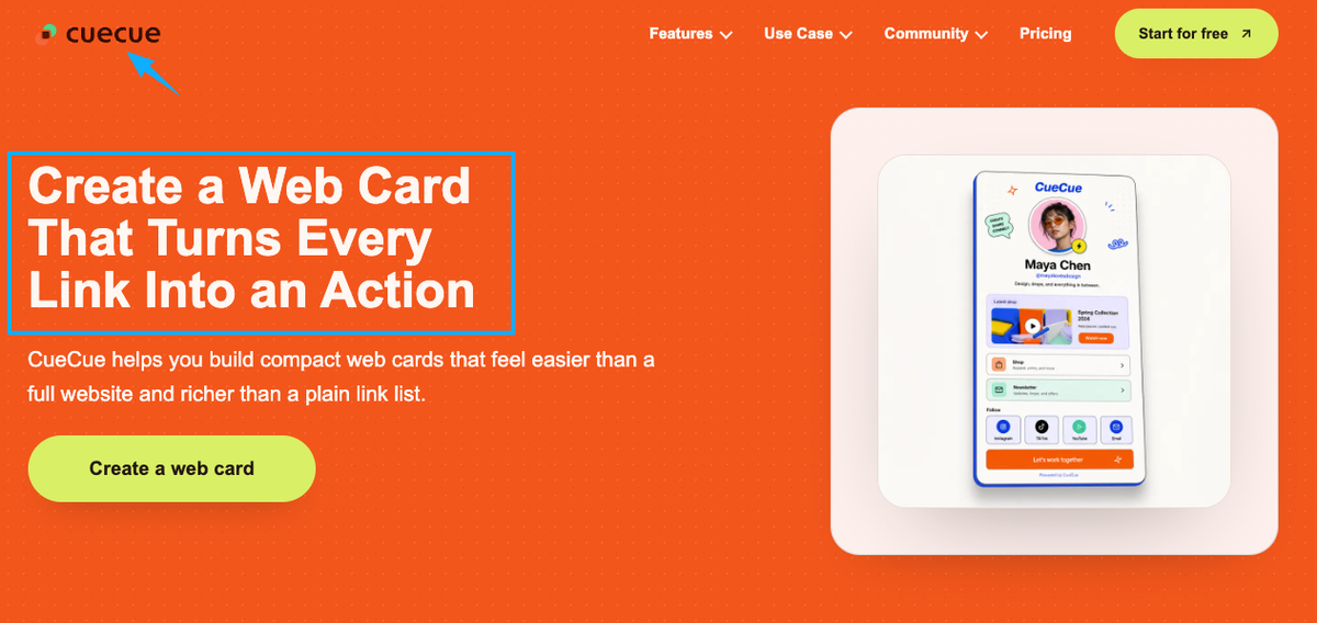CueCue homepage showing web card creation, highlighting modern squarespace alternatives for link in bio and social media.