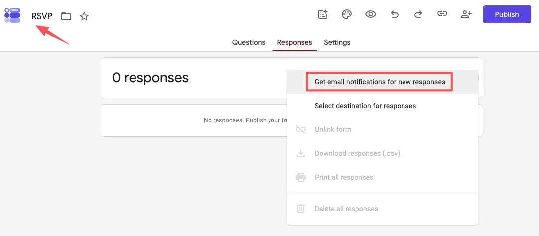 Enabling email notifications for new responses on your event rsvp form to stay updated on guest attendance in real time.