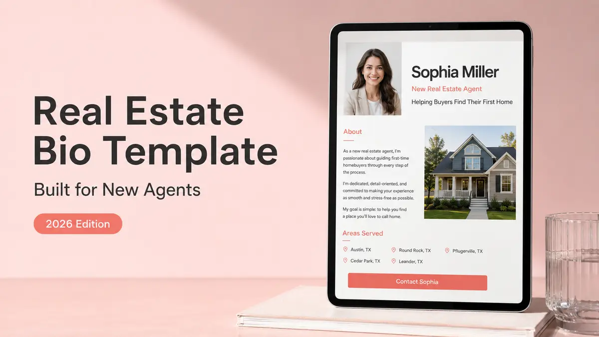 Tablet displaying a digital new real estate agent bio template designed to help beginners attract their first clients.