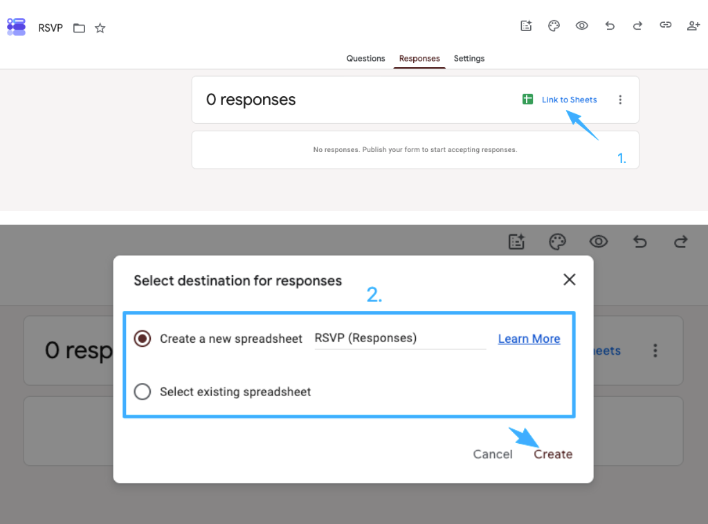 Export guest list data by linking your google form rsvp template directly to a new spreadsheet for easy event tracking.