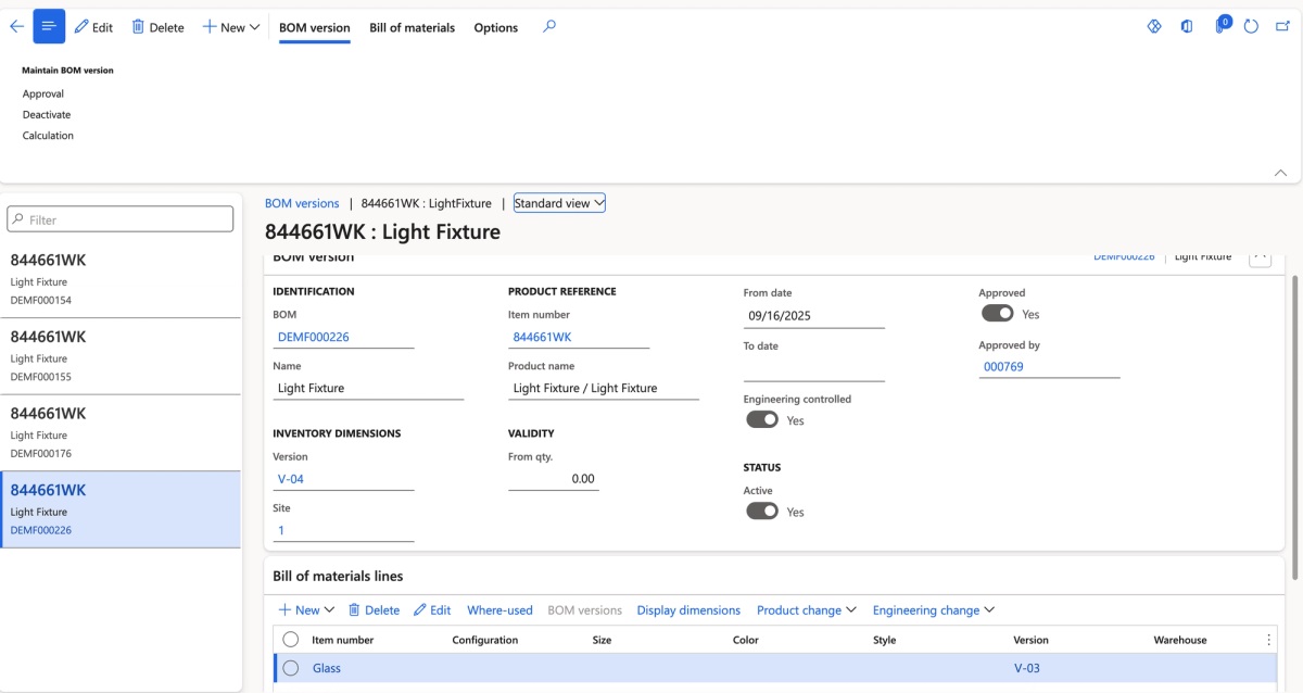 The BOM Versions screen for the Light Fixture after the change order was processed. V-04 is now active, with the BOM line showing a quantity of 6.0000 to match the six openings and six pieces of glass. The change is fully tracked and version-controlled.