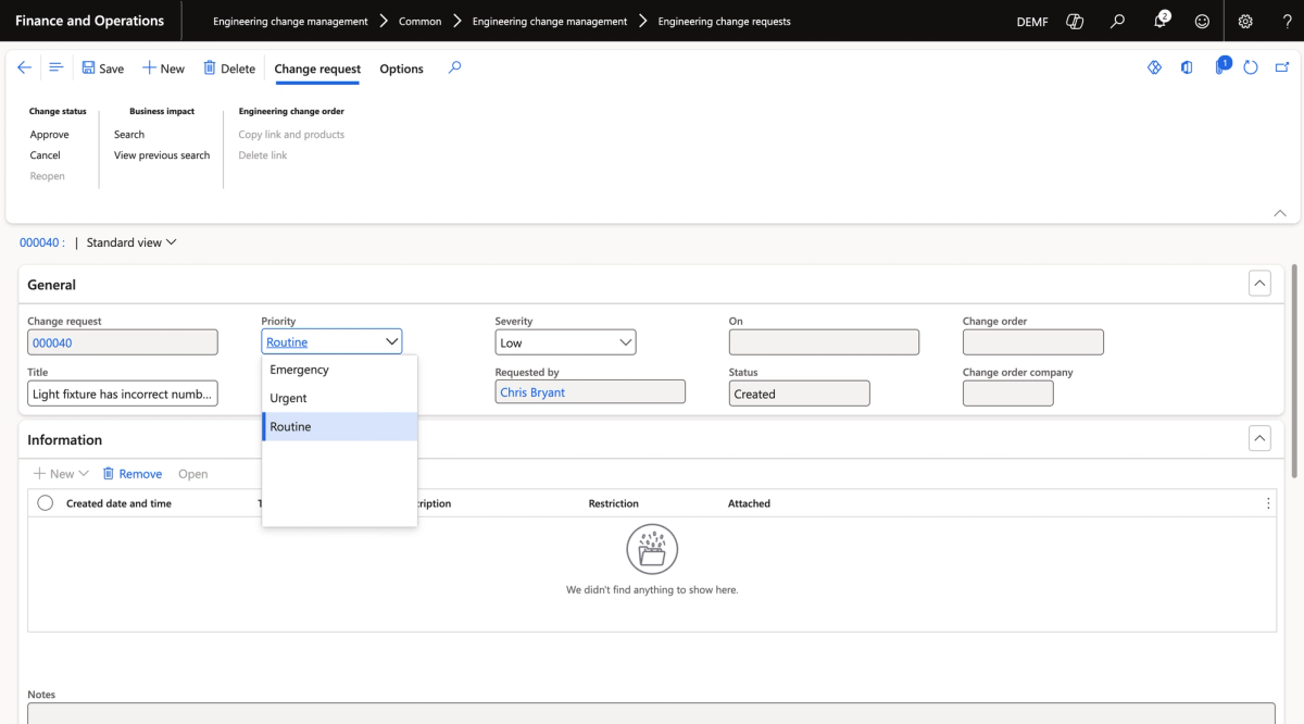 The Engineering Change Request form. Priority options include Emergency, Urgent, and Routine. Severity, category, and status are all tracked here. This example shows change request 000040 for a light fixture with an incorrect number of bulbs.