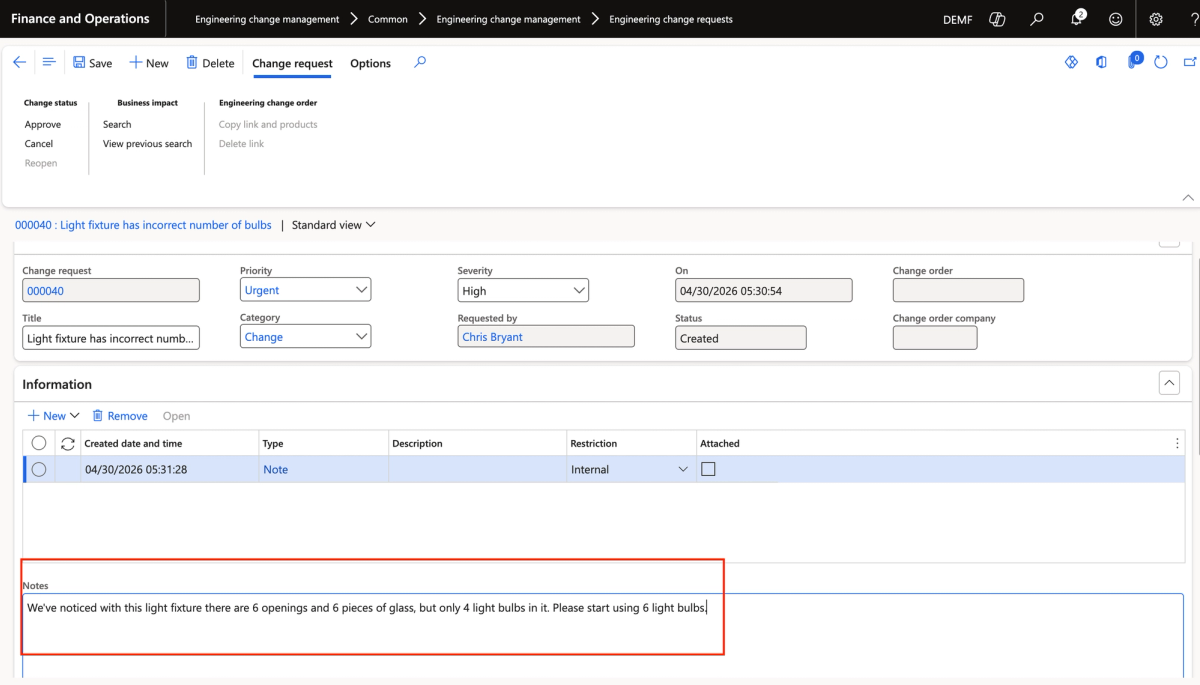 The change request includes a Notes section for describing the issue in plain language, and a Products section to link the affected item. Here, Light Fixture V-03 is attached to the request, along with a clear description of the problem.