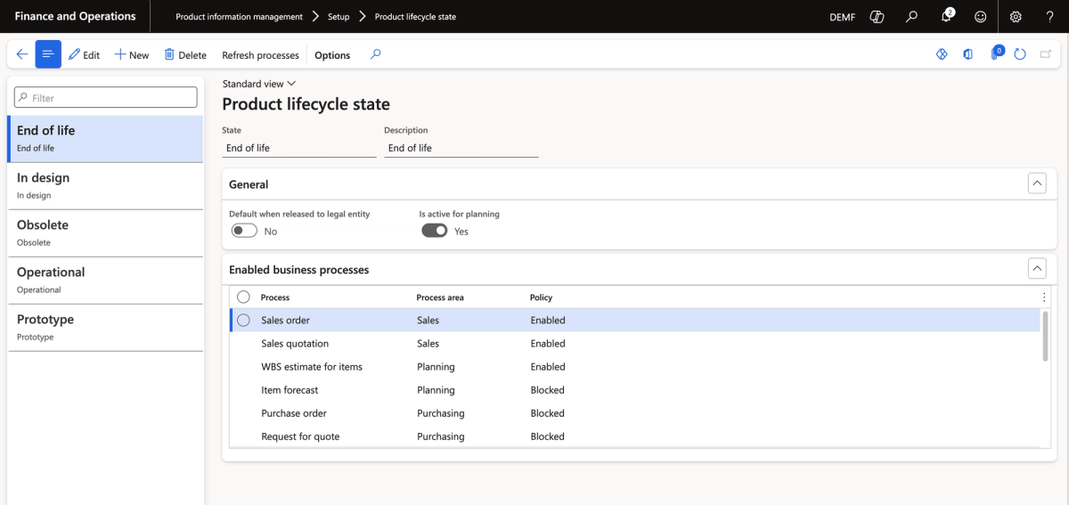 The "End of Life" state configured to still allow sales orders and quotations, while blocking item forecasting, purchase orders, and requests for quote. Each process is controlled independently, giving you precise control over what is and is not allowed.