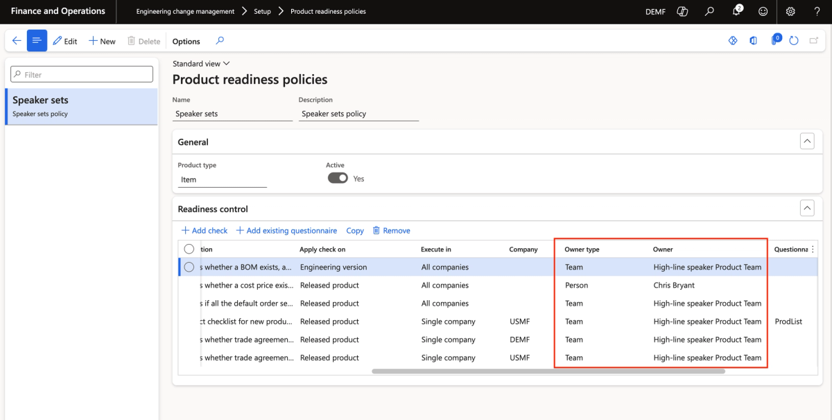 Each readiness check can be assigned to a team or an individual. Here, the cost price check is assigned to a specific person (Chris Bryant), while BOM and other checks belong to the High-line speaker Product Team.