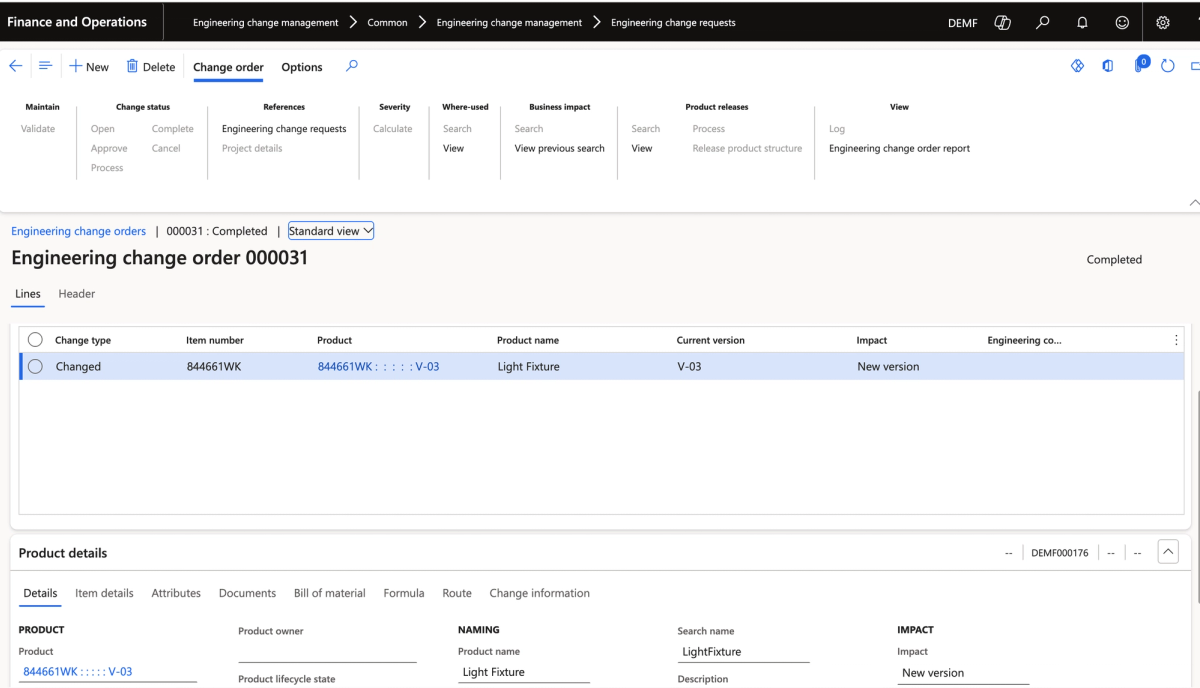 Engineering Change Order 000031, showing the Light Fixture (V-03) as the impacted product. The Change type starts as "Unchanged" and will flip to "Changed" once modifications are made to the BOM or attributes. The toolbar provides access to Business Impact, Where-Used, and Severity calculations.