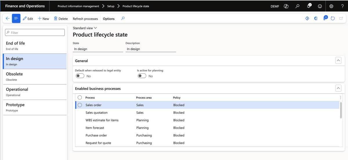 The "In Design" lifecycle state with most business processes blocked. Sales quotation, purchase orders, WBS estimates, and inventory transfers are all blocked, while item forecast is enabled with a warning. This prevents any transactions against a product that is still being set up.