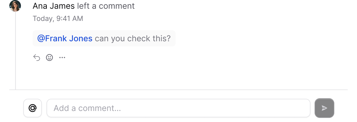 A comment thread with a mention and a comment input inside the task