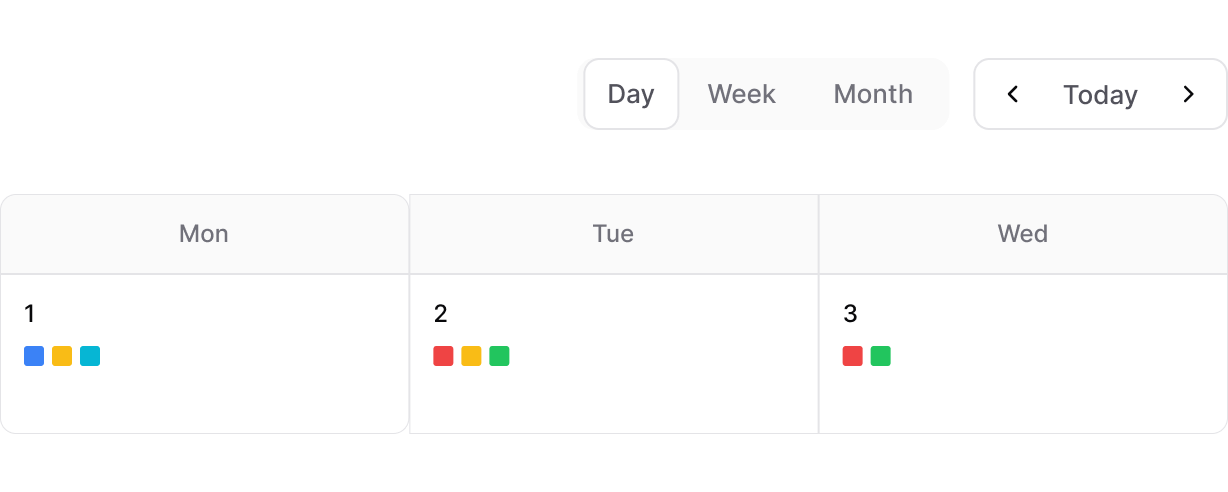 Day, week and month views of tracked activity