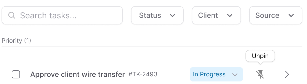 Search and filter tasks by status, client and source