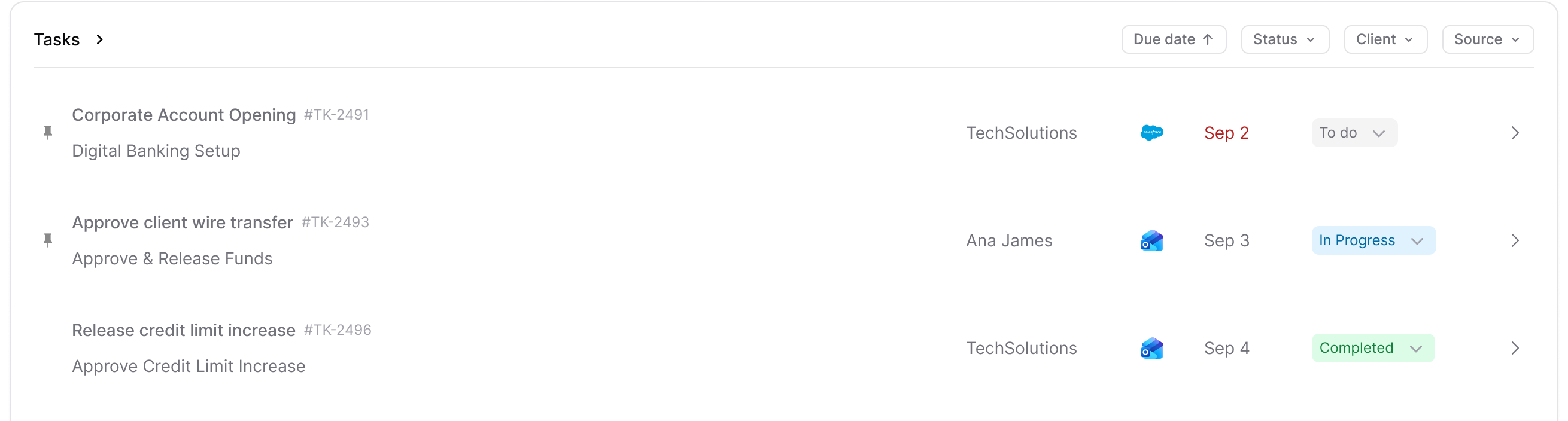 Task list filtered by due date, status, client and source