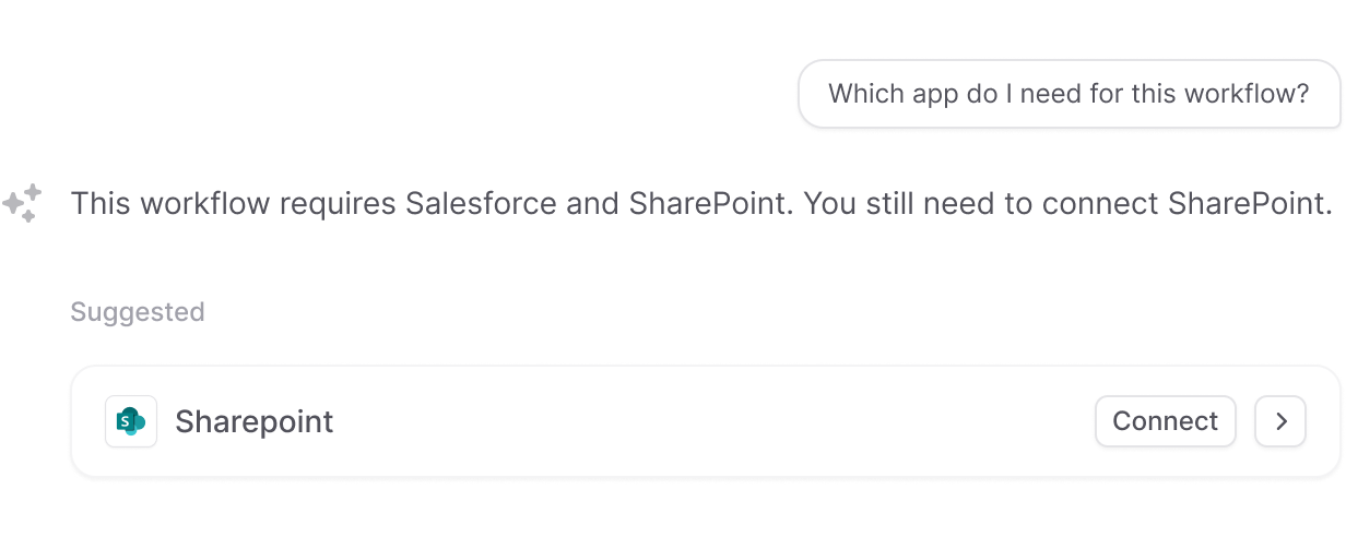 Assistant naming the apps a workflow needs, with a connect action