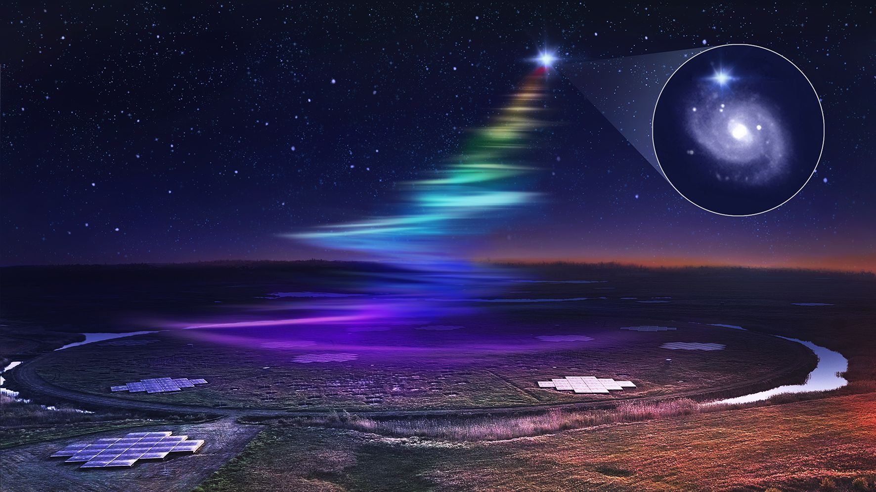Artistic view of LOFAR's so-called Superterp in Drenthe, the Netherlands, where low frequency radio waves from the fast radio burst FRB20180916B were captured. The FRB is located in a spiral galaxy 500 million light years from Earth.
