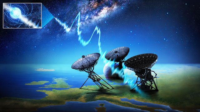 Artist's conception of a magnetar with the 4 different telescopes that were used to observe it.