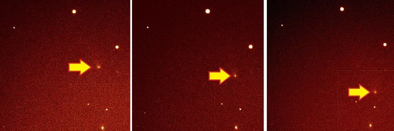 Drie opnames na elkaar van de interstellaire komeet 2I/Borisov. (c) Inés Pastor Marazuela