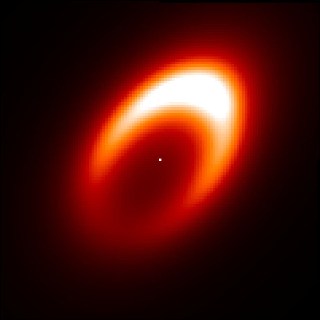 A schematic view of the vortex around the possible exoplanet-in-the-making around the star HD 163296 . The bright yellow spot in the upper right indicates an area of warm dust and pebbles where a planet is likely to be formed. (c) J. Varga et al. A schematic view of the vortex around the possible exoplanet-in-the-making around the star HD 163296 . The bright yellow spot in the upper right indicates an area of warm dust and pebbles where a planet is likely being formed. (c) J. Varga et al.