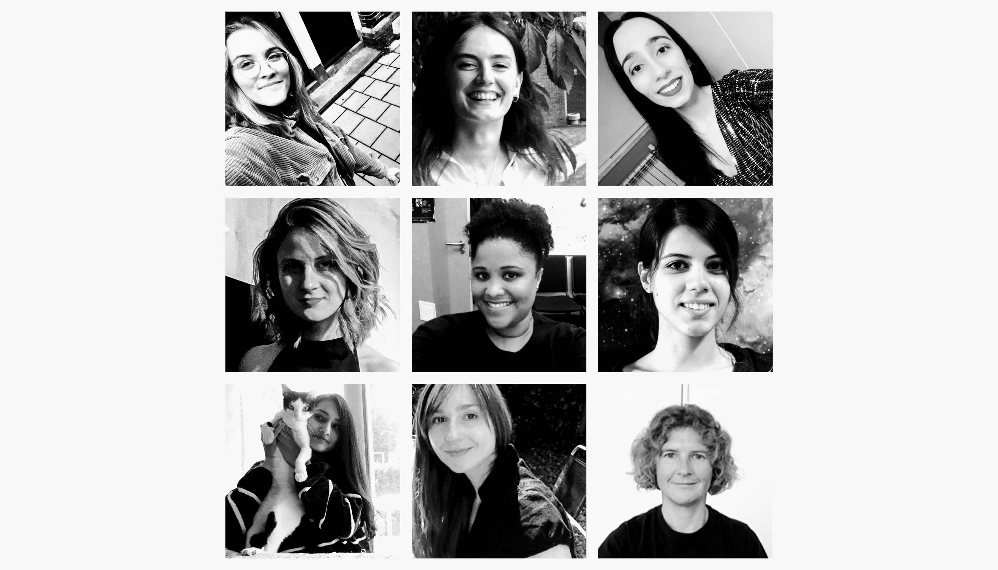 Een collage met portretfotos van 9 vrouwen