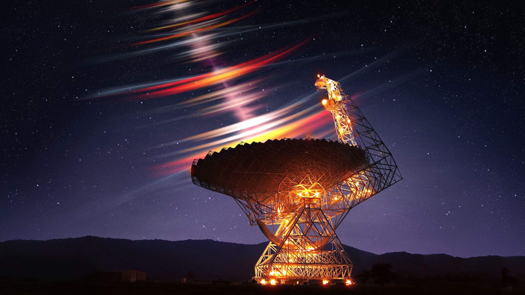 Artist's impression of a radio telescope capturing micro-radio flashes. The radio telescope is a large gold-colored dish antenna, with a dark blue background. The radio waves are depicted as colored arcs in red, orange, yellow, which appear to fly into the radio telescope.