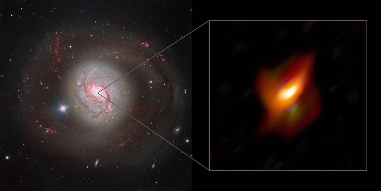 Split image, showing a face-on galaxy left, and a zoomed-in, radio image of the galaxy on the right
