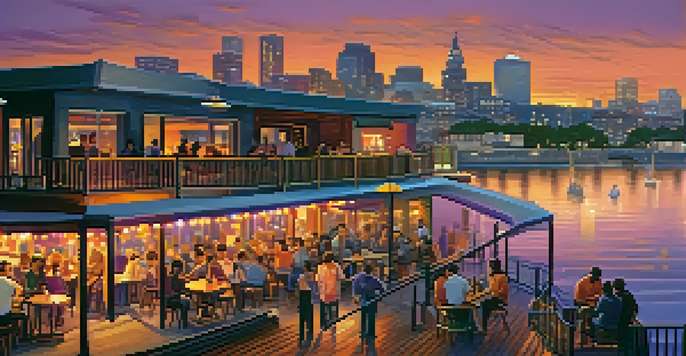 A bustling Riverfront nightlife scene with people enjoying drinks at sunset, colorful bar lights reflecting on the water and a city skyline in the background.