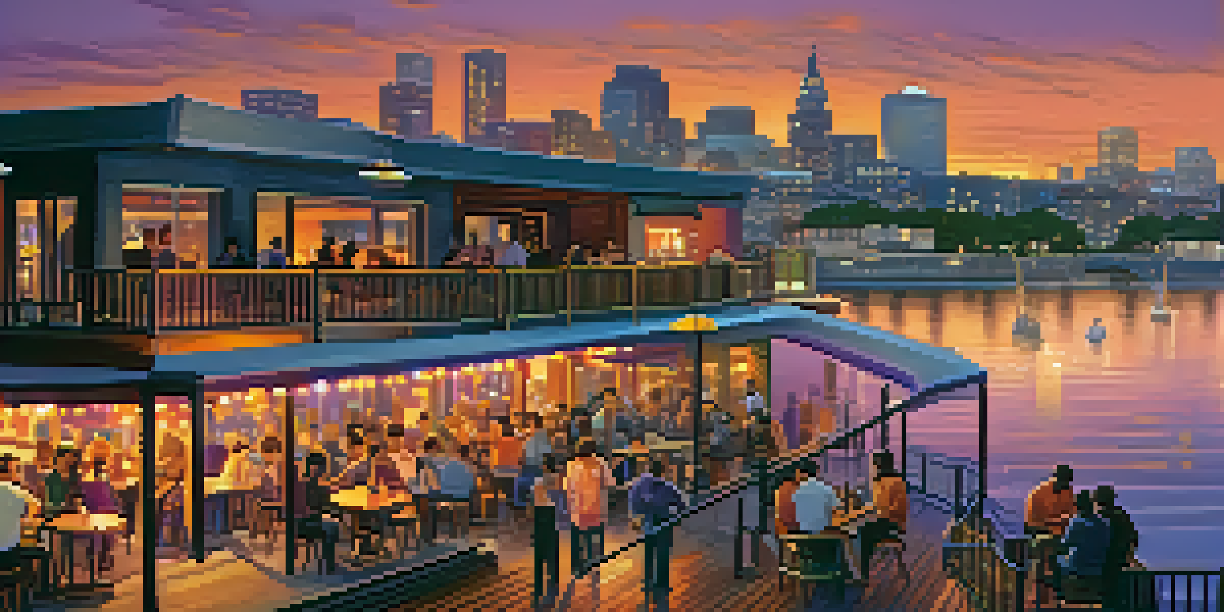 A bustling Riverfront nightlife scene with people enjoying drinks at sunset, colorful bar lights reflecting on the water and a city skyline in the background.