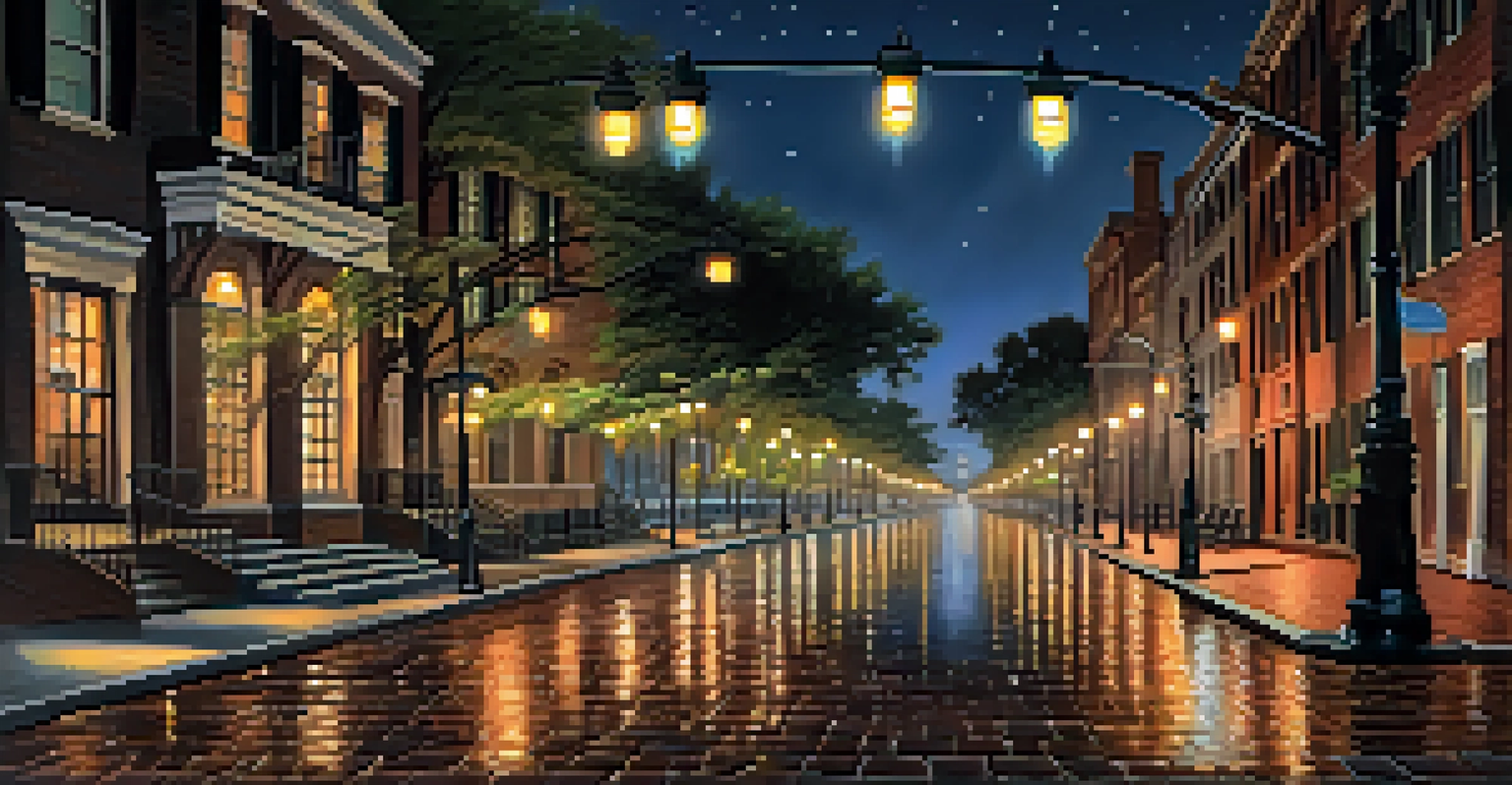 A night view of River Street with cobblestones and ghostly figures by the river.