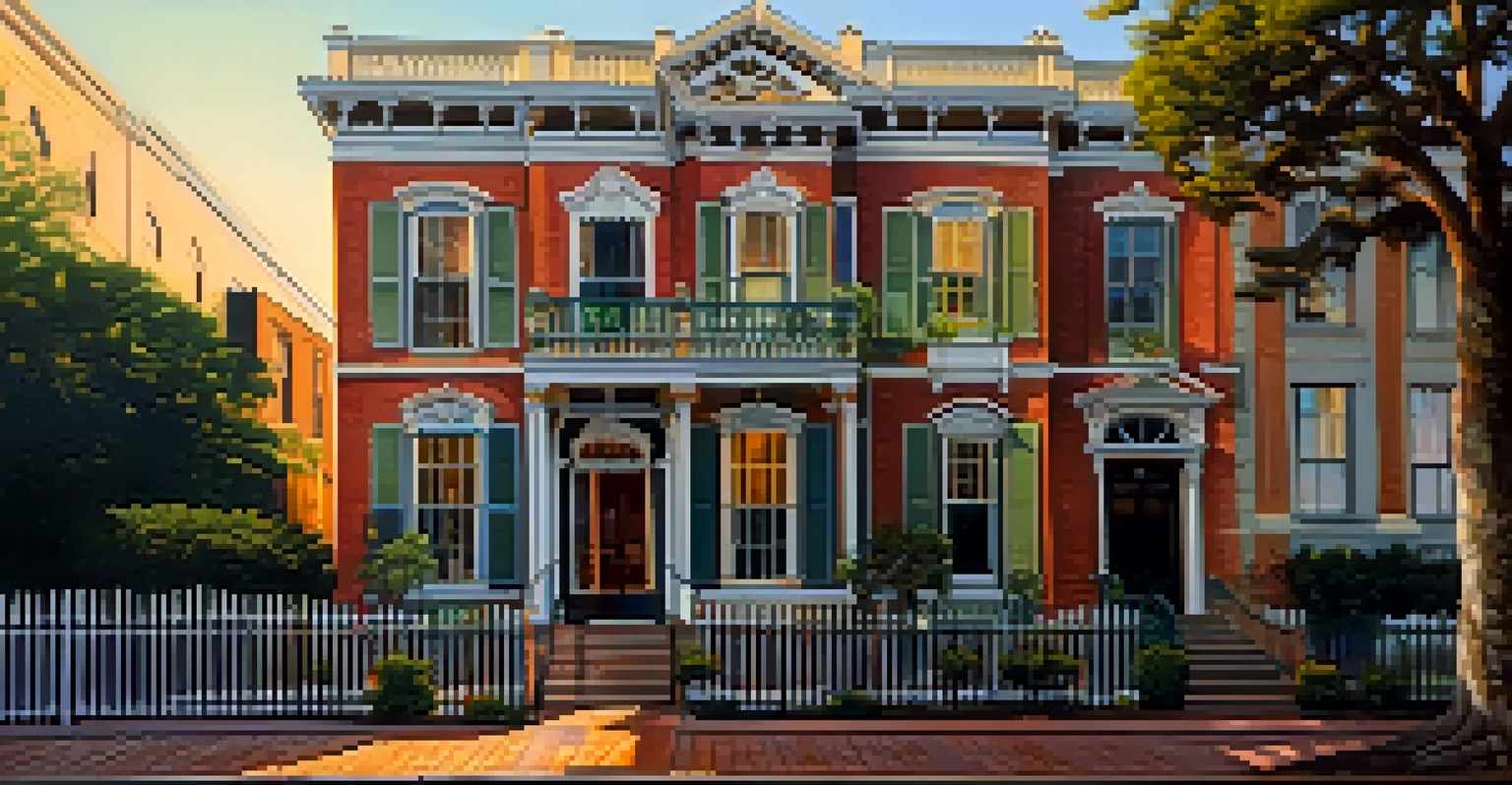 An artistic view of the Andrew Low House in Savannah, showcasing its ornate Victorian architecture and vibrant colors during golden hour.