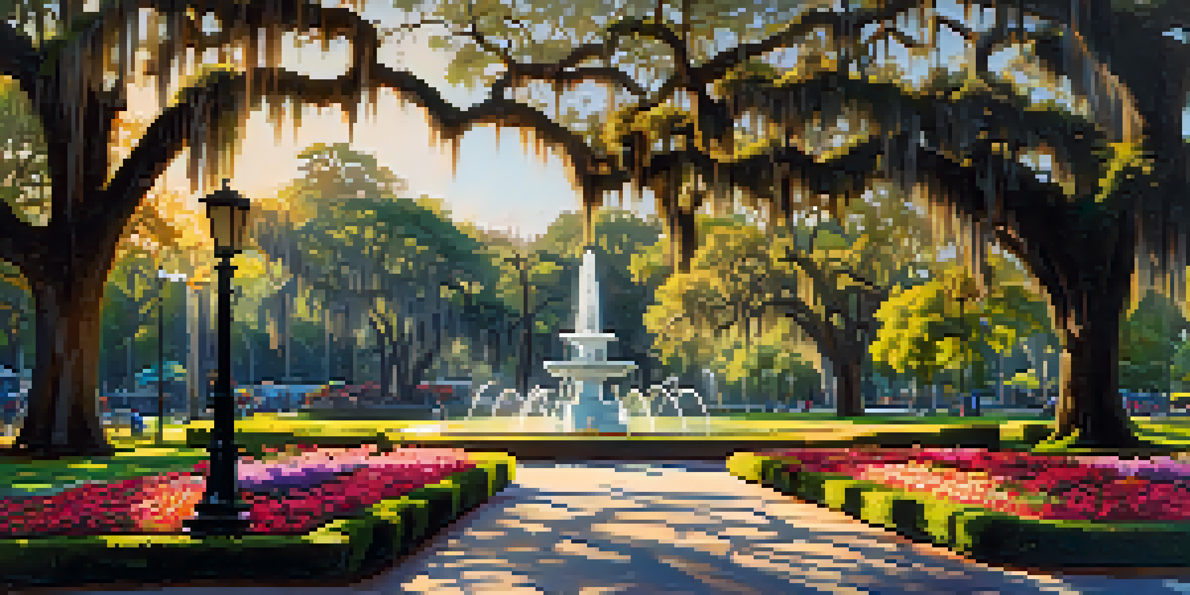 A scenic view of Forsyth Park featuring the Forsyth Fountain, colorful flowers, and oak trees with Spanish moss under a warm afternoon light.