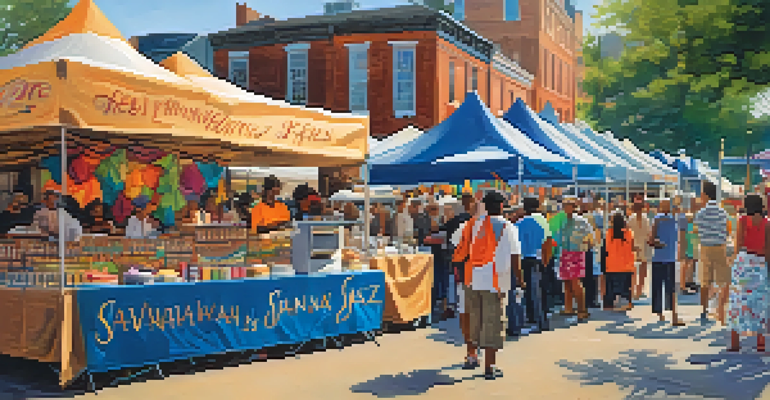 A local vendor booth at the Savannah Jazz Festival displaying crafts and food, with festival-goers browsing and a jazz performance in the background.