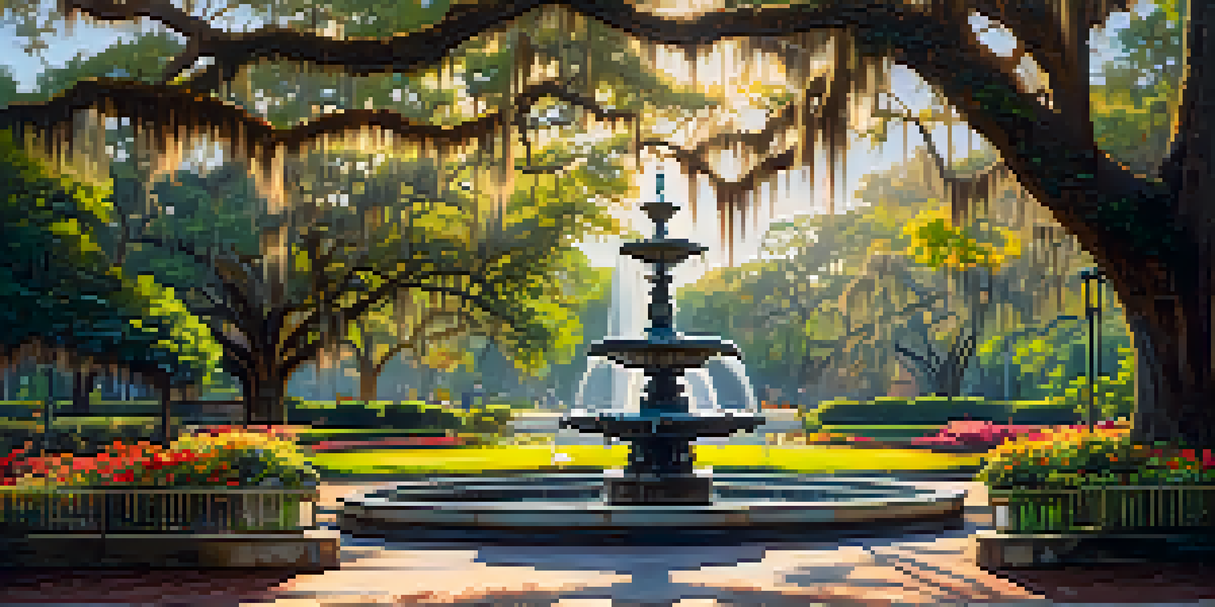 A tranquil scene of Forsyth Park featuring the historic fountain, surrounded by green trees and vibrant flowers.