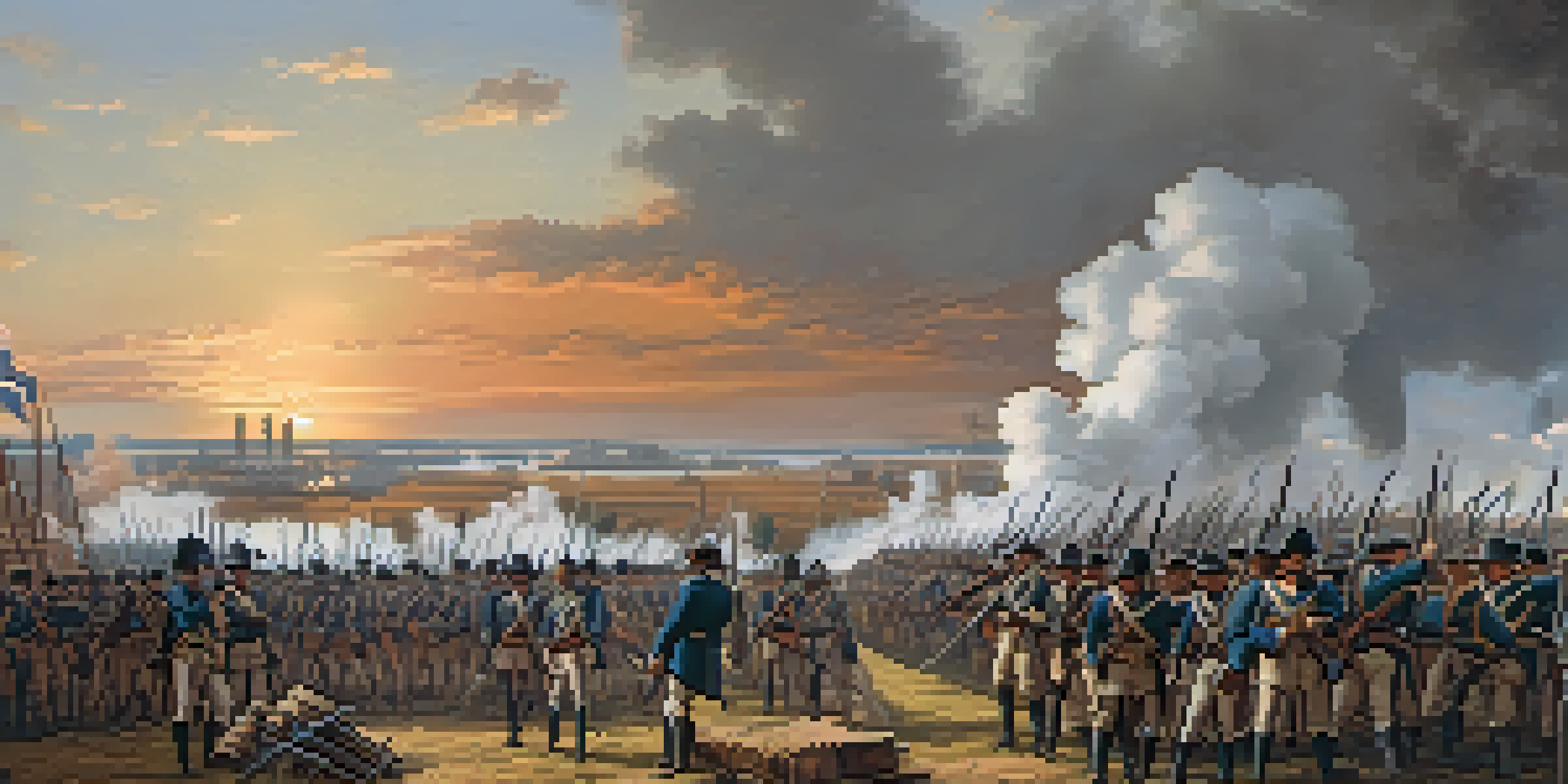 A panoramic view depicting Union and Confederate soldiers during the Siege of Savannah, with smoke rising from cannon fire and a sunset in the background.