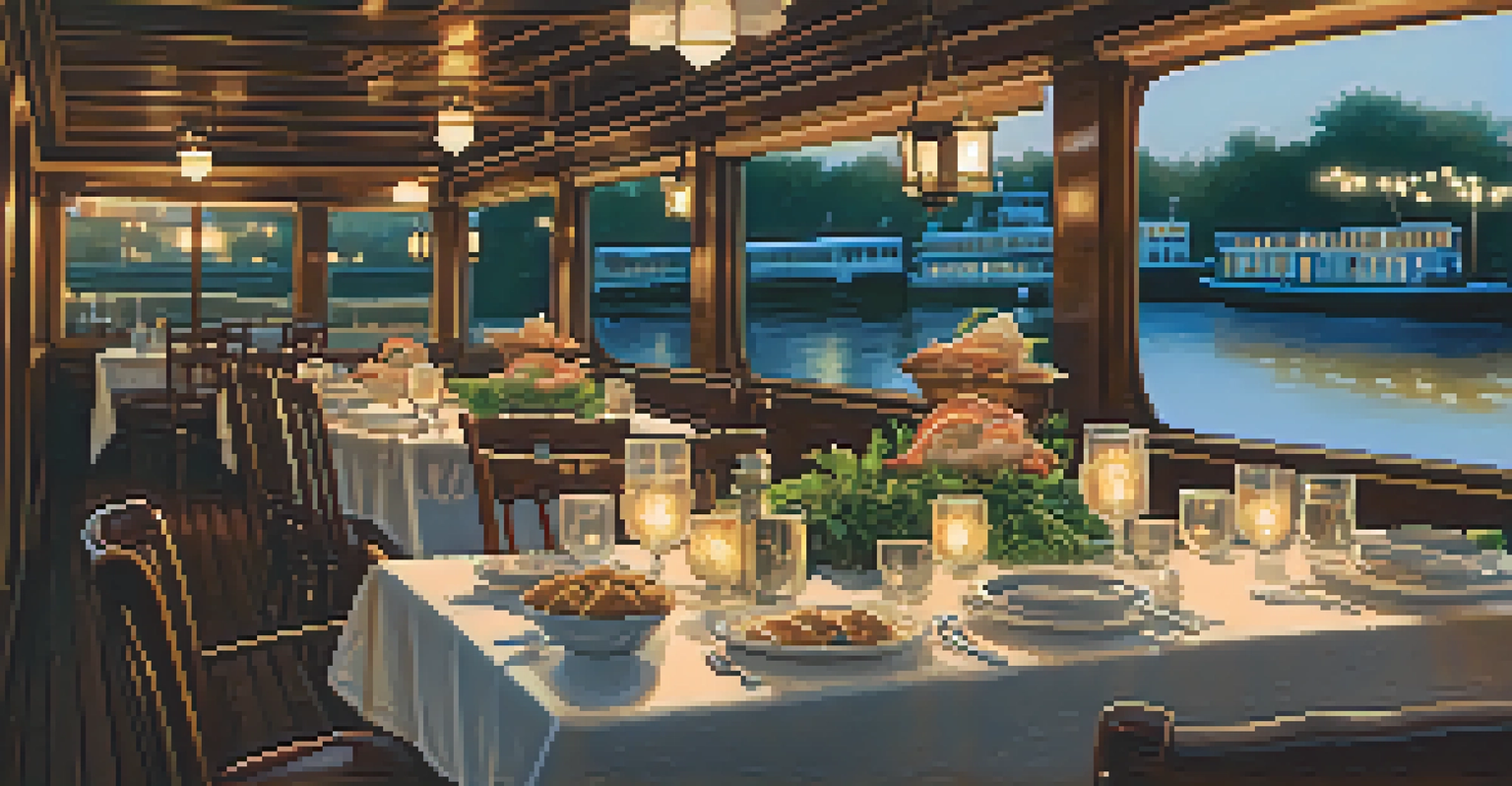 A riverboat dining setup with Southern cuisine and warm lighting overlooking the river.