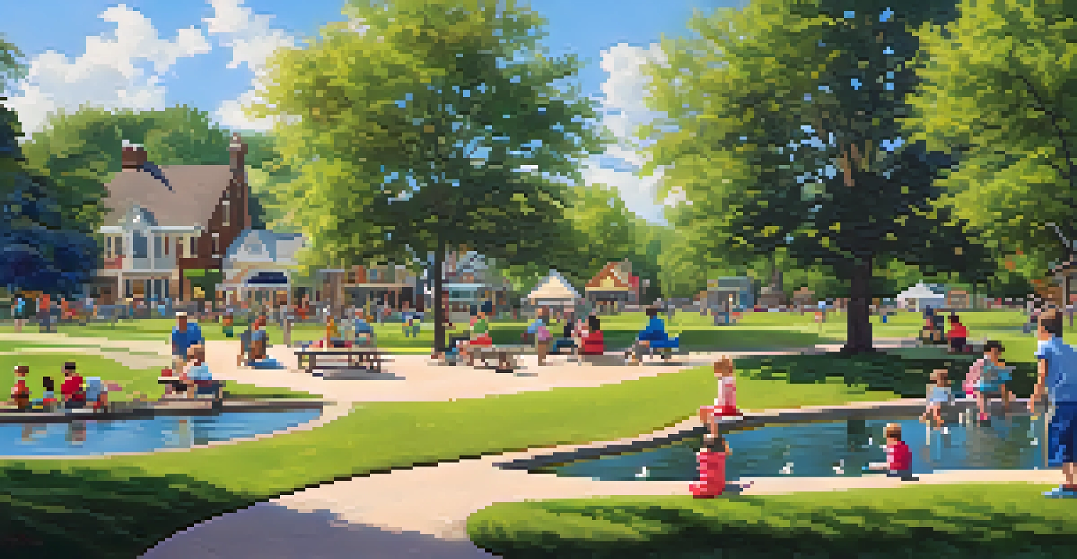 Families enjoying a sunny day at Daffin Park, with children playing and ducks in a pond.